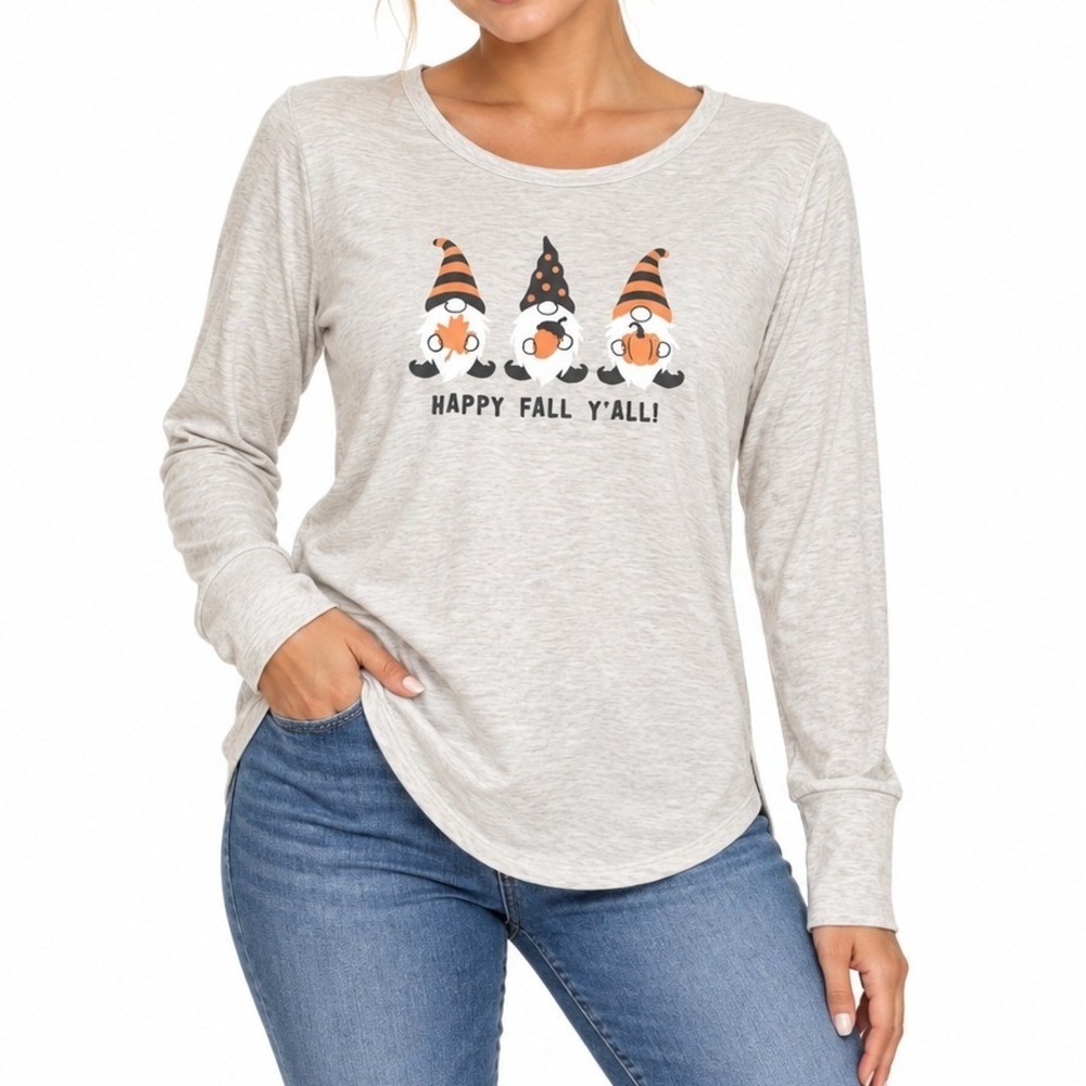 Spooky Night Pajama Top Women Medium Gray Happy Fall Yall Gnome 9623 Autumn Cozy
